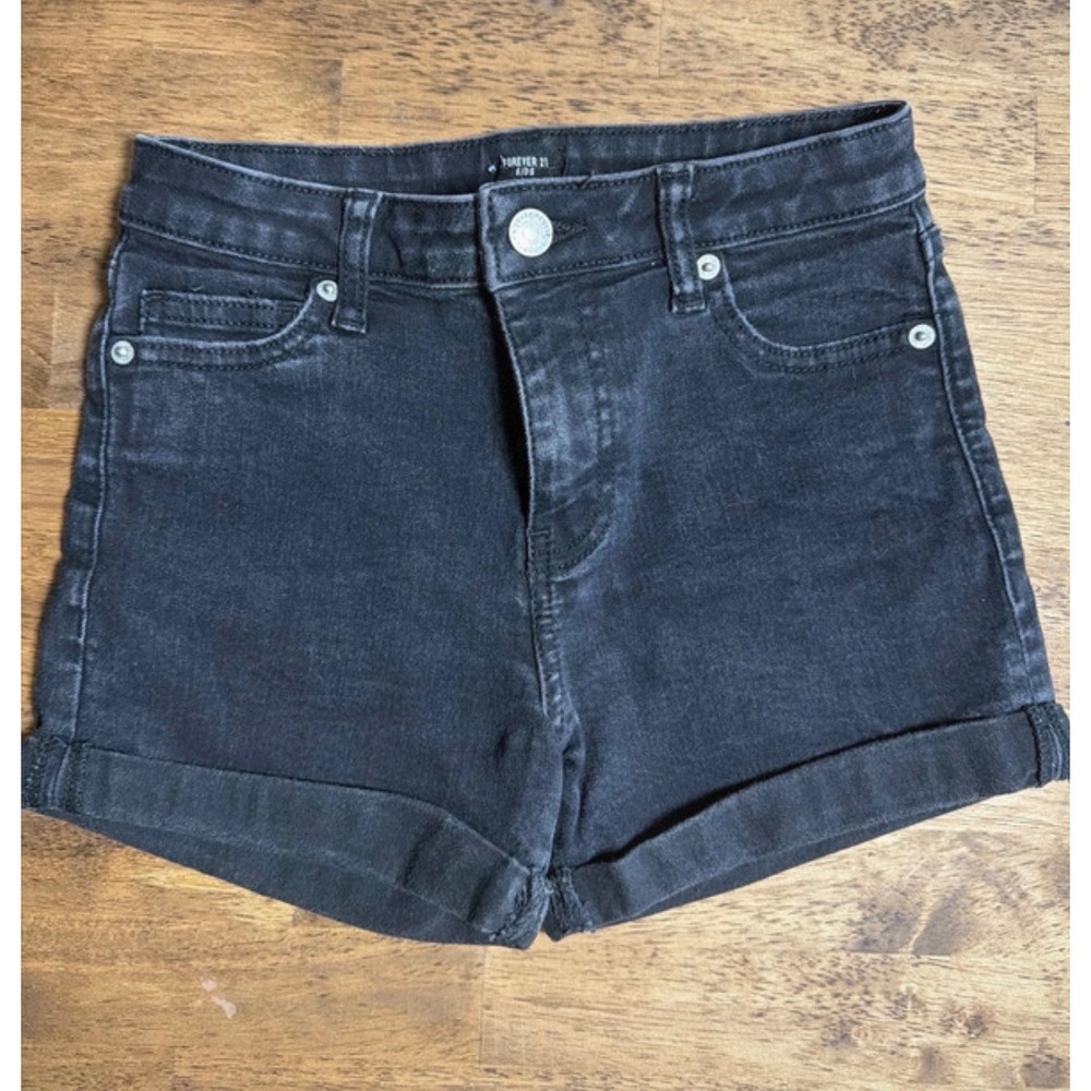 Forever 21 Kids Girls Black Denim Jean Shorts Cuffed Faded Wash Size 9/10